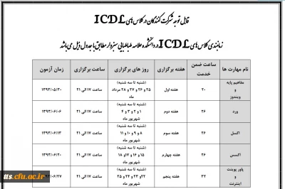 جدول زمانی شروع کلاس های ICDl در دانشکده علامه طباطبایی سبزوار