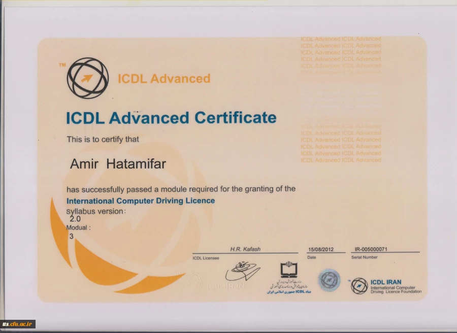 نمونه گواهینامه ICDL پیشرفته بنیاد جهانی