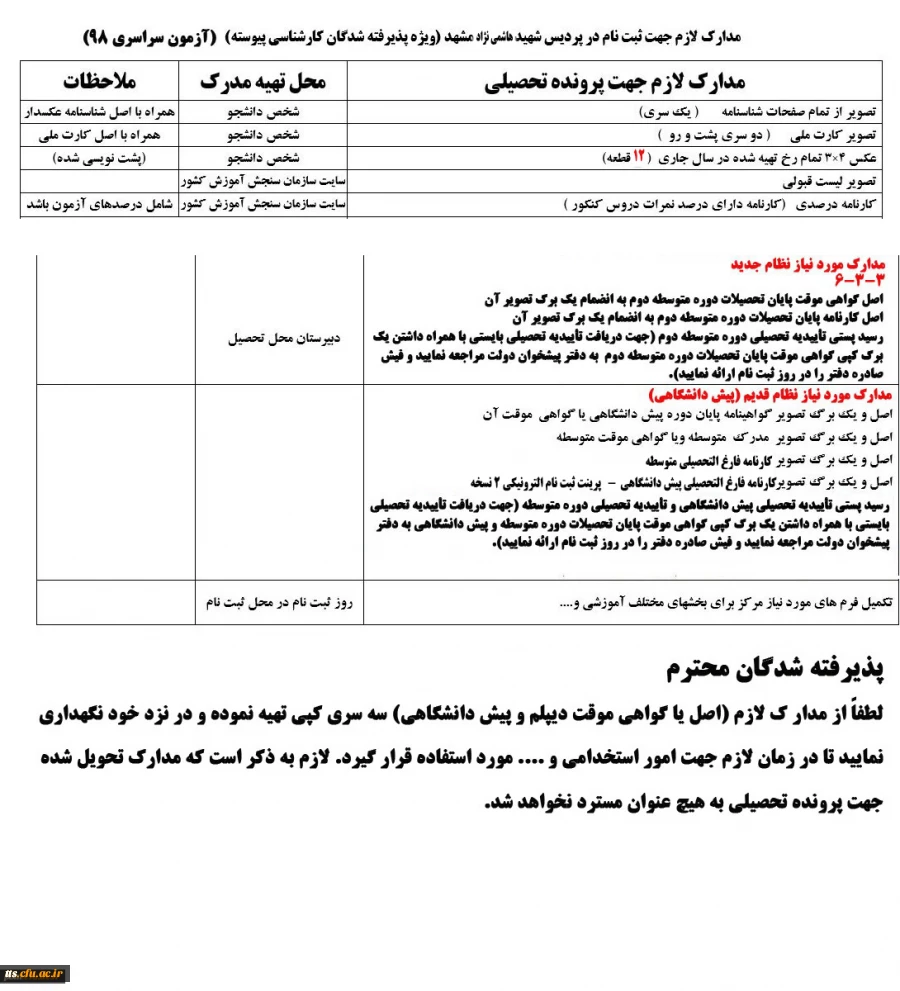 مدارک لازم جهت ثبت نام حضوری دانشجویان خواهر  3