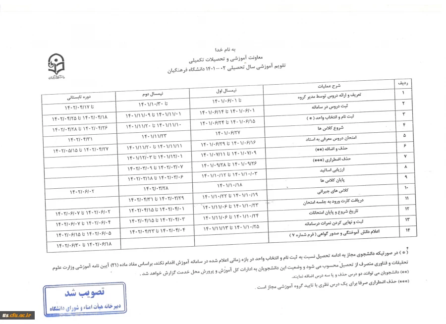تقویم آموزشی سال تحصیلی ۱۴۰۲ - ۱۴۰۱ دانشگاه فرهنگیان